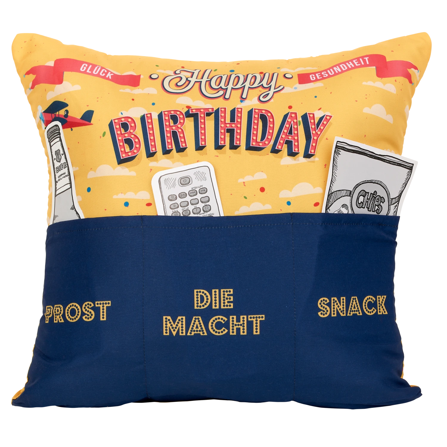 Hergo Sofahelden Kissen M. Taschen 43x43cm - Happy Birthday Retro Gelb/blau 8793 3 Hergo Sofahelden Kissen M. Taschen 43x43cm - Happy Birthday Retro Gelb/blau 8793